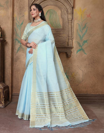 Sky Blue Linen Self Woven Saree