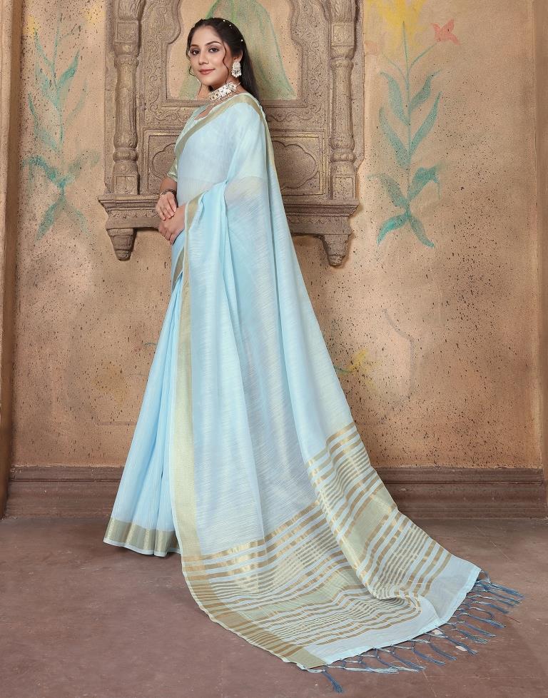 Sky Blue Linen Self Woven Saree