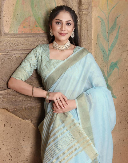 Sky Blue Linen Self Woven Saree