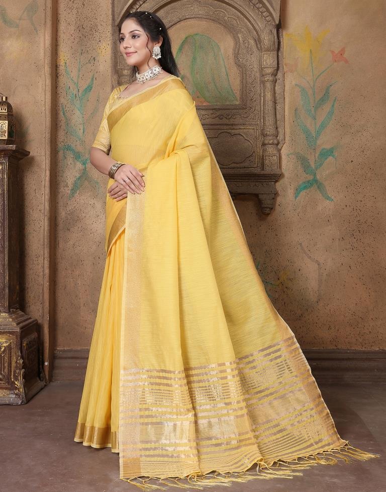 Yellow Linen Self Woven Saree