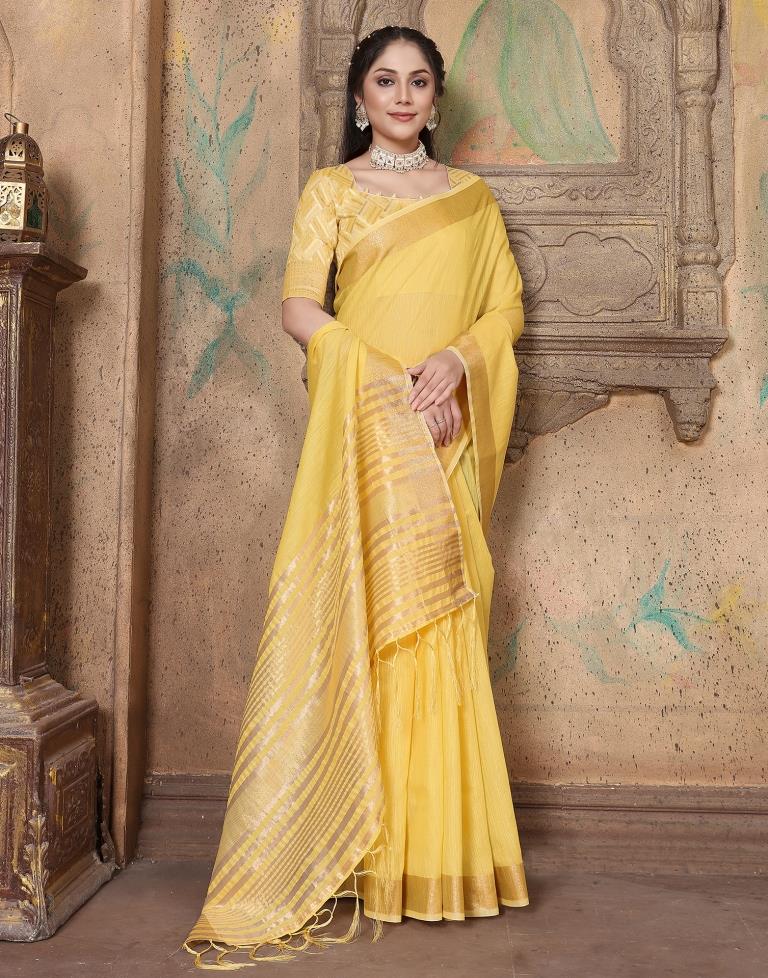 Yellow Linen Self Woven Saree