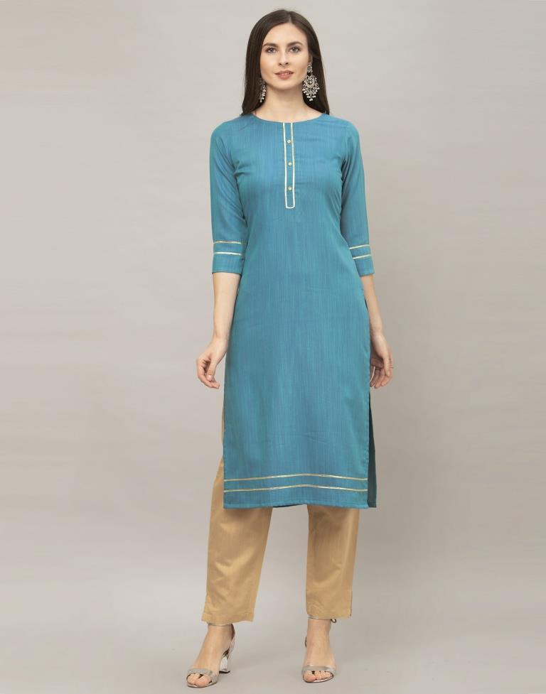 Mesmerising Teal Blue Coloured Dyed, Laced Rayon Kurti | Sudathi