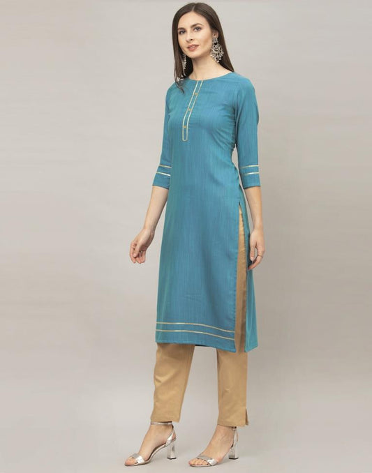 Mesmerising Teal Blue Coloured Dyed, Laced Rayon Kurti | Sudathi