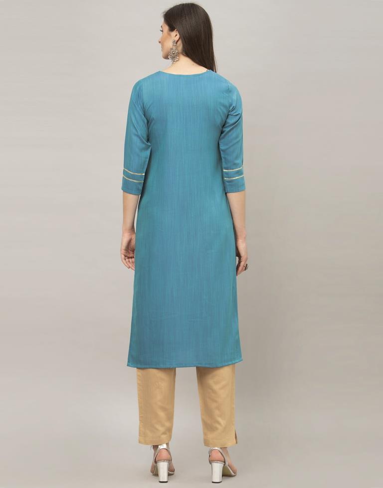 Mesmerising Teal Blue Coloured Dyed, Laced Rayon Kurti | Sudathi