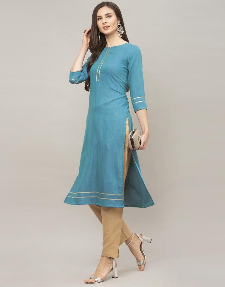 Mesmerising Teal Blue Coloured Dyed, Laced Rayon Kurti | Sudathi