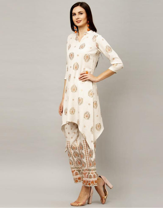 Off White Coloured Cotton Flex Foil Printed Kurti With Palazzo | Leemboodi