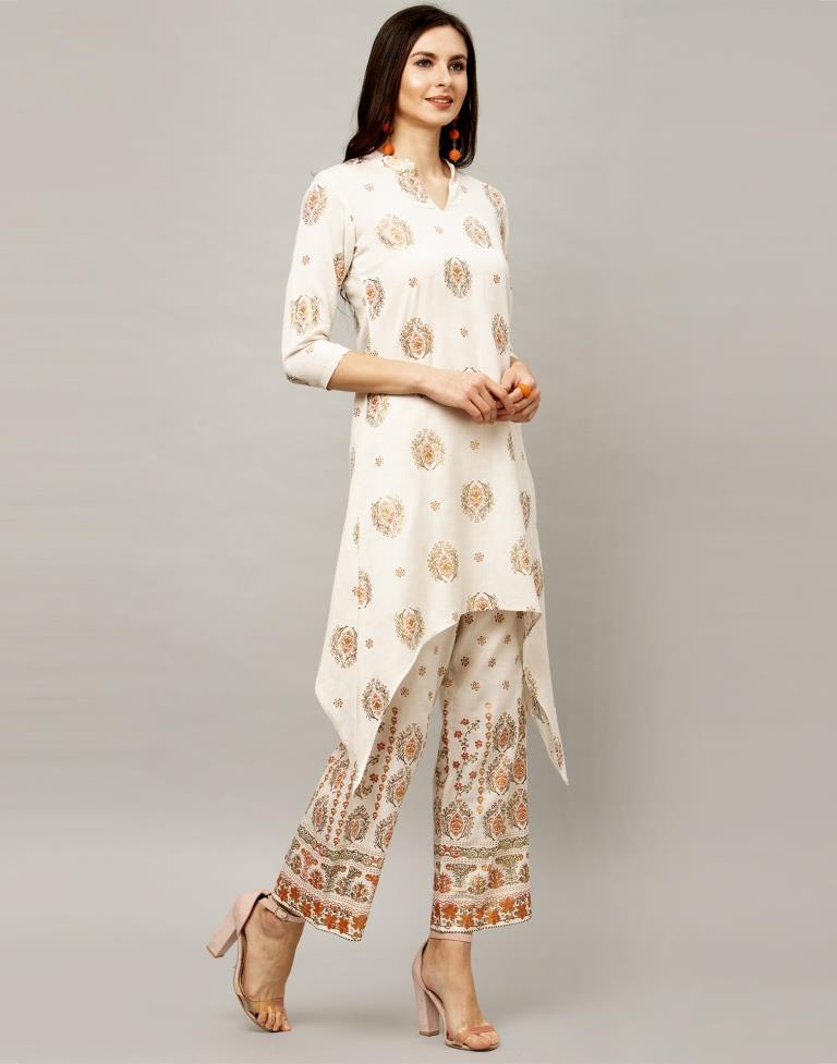 Off White Coloured Cotton Flex Foil Printed Kurti With Palazzo | Leemboodi