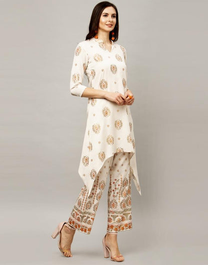 Off White Coloured Cotton Flex Foil Printed Kurti With Palazzo | Leemboodi