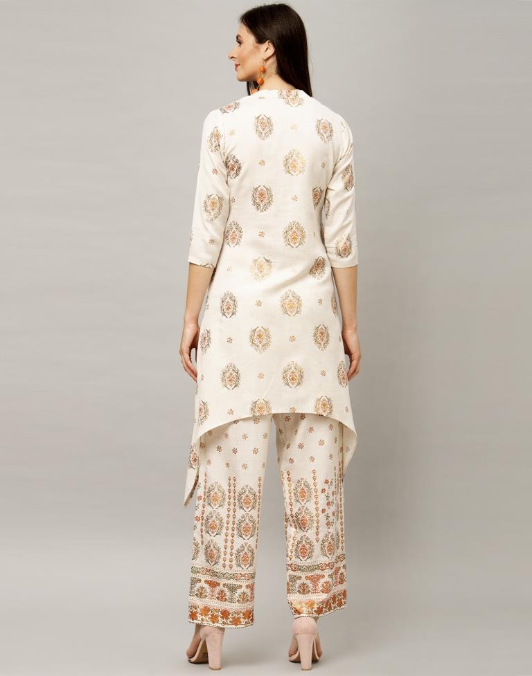 Off White Coloured Cotton Flex Foil Printed Kurti With Palazzo | Leemboodi