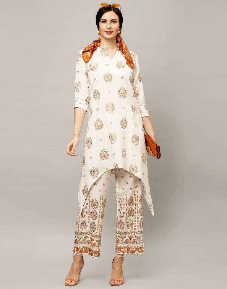 Off White Coloured Cotton Flex Foil Printed Kurti With Palazzo | Leemboodi