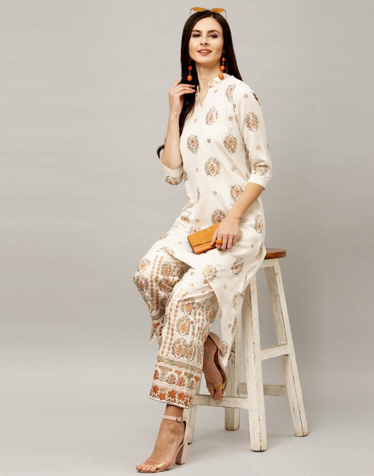Off White Coloured Cotton Flex Foil Printed Kurti With Palazzo | Leemboodi