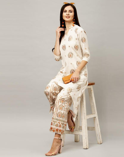 Off White Coloured Cotton Flex Foil Printed Kurti With Palazzo | Leemboodi