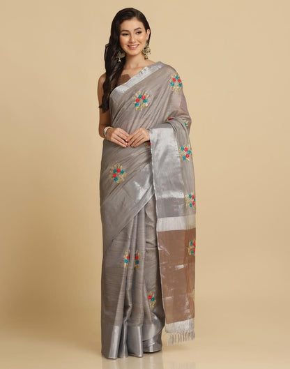 Grey Silk Self Woven Saree