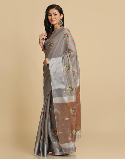 Grey Silk Self Woven Saree
