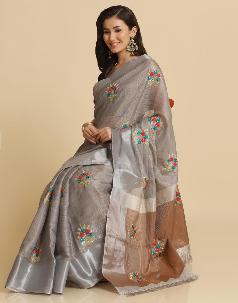 Grey Silk Self Woven Saree