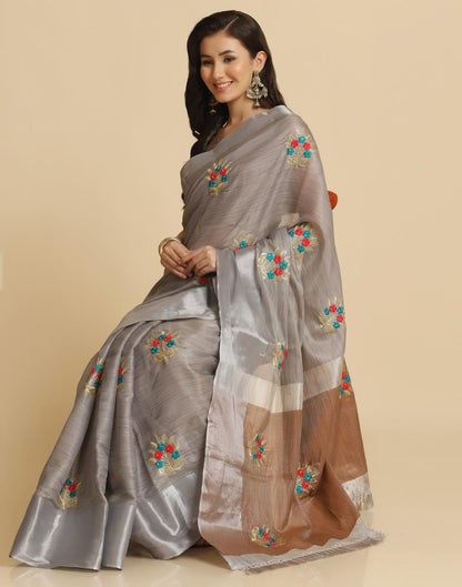 Grey Silk Self Woven Saree