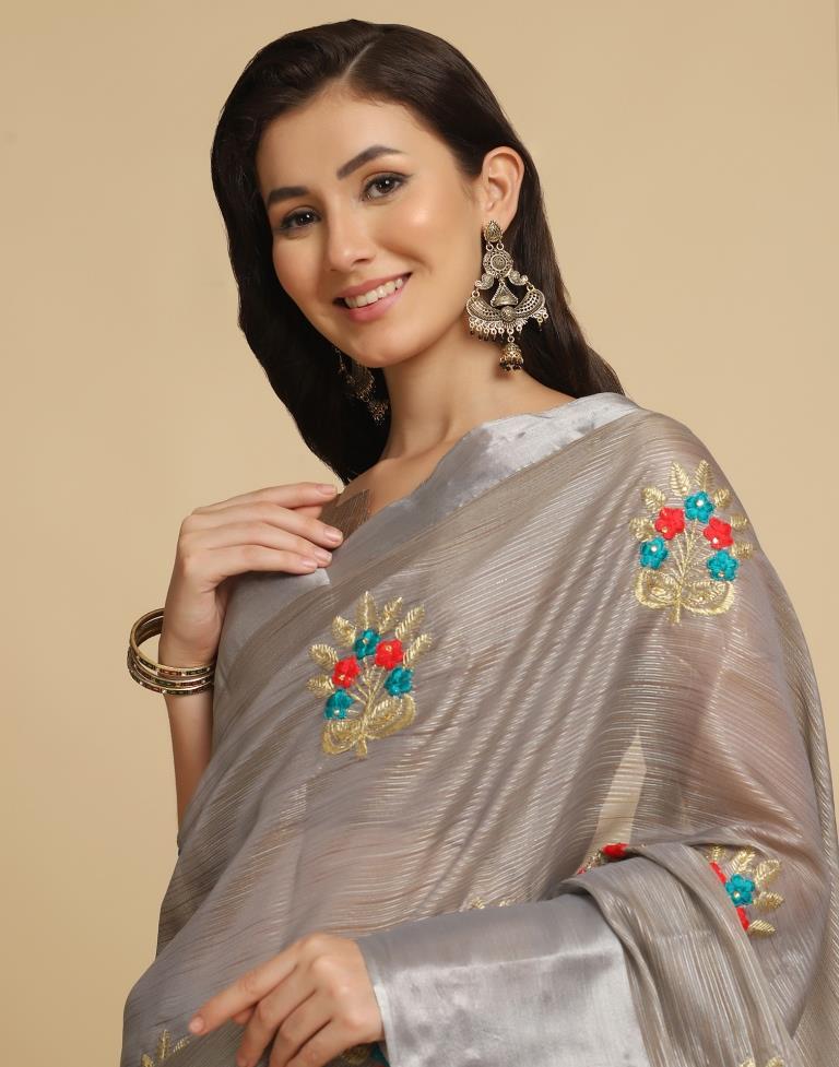 Grey Silk Self Woven Saree