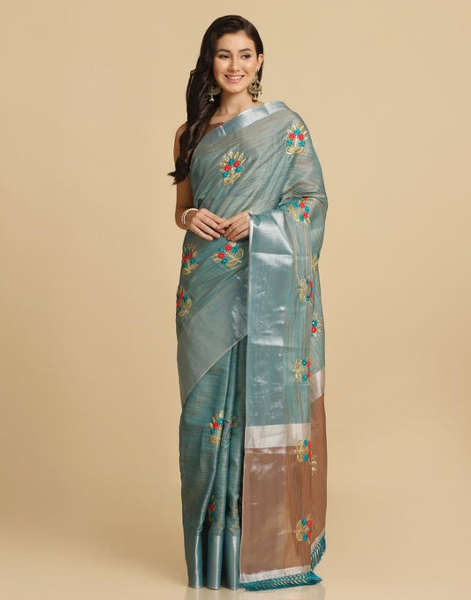 Rama Green Silk Self Woven Saree