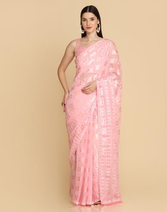 Pink Georgette Plain Saree