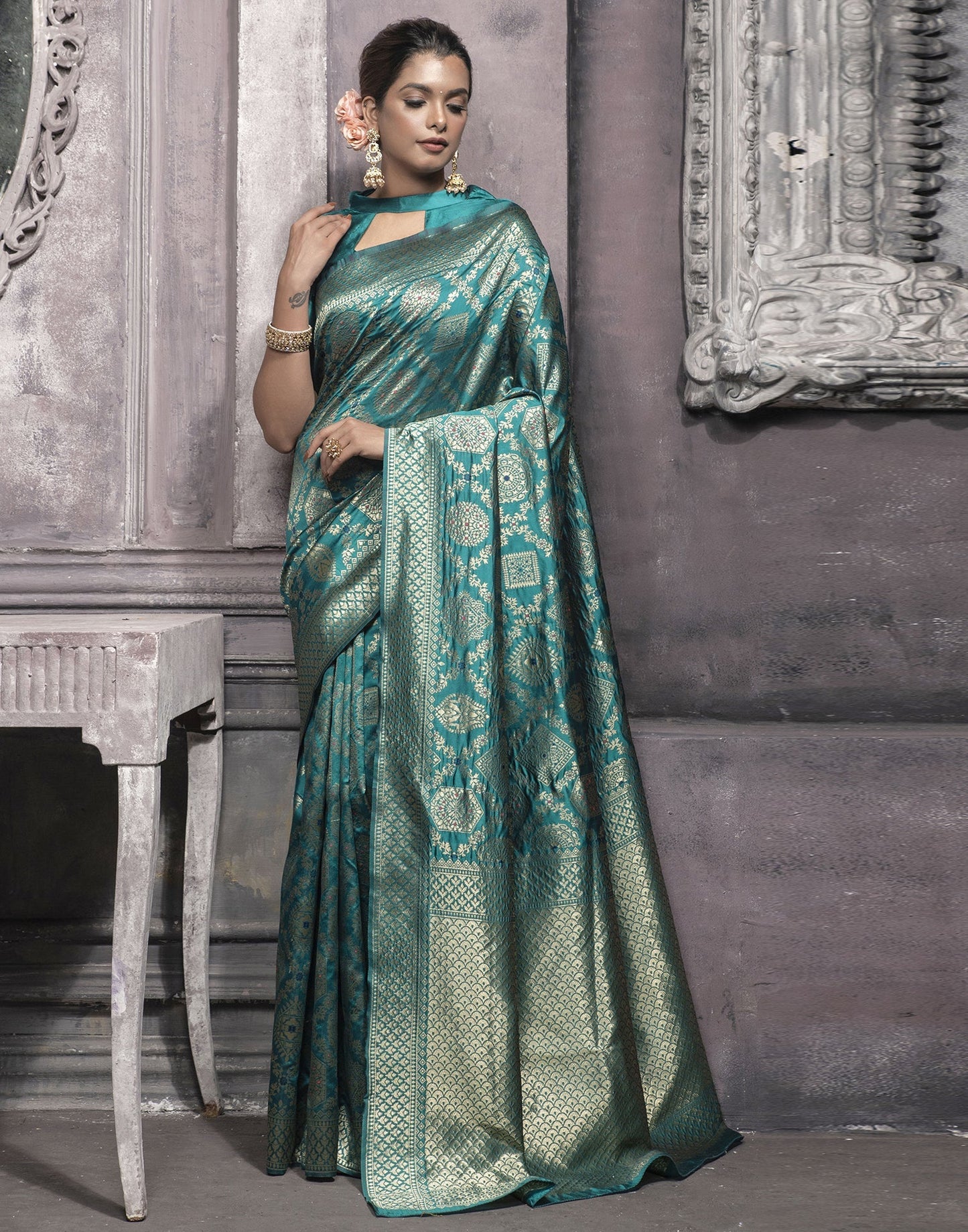 Rama Green Weaving Silk Banarasi Saree