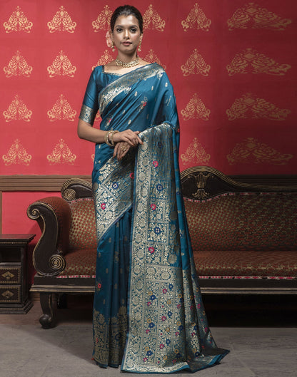 Teal Blue Weaving Silk Banarasi Saree