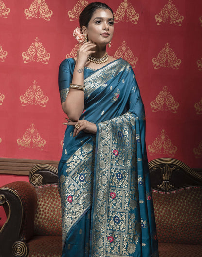 Teal Blue Weaving Silk Banarasi Saree