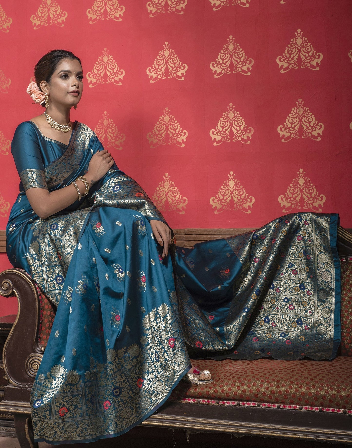 Teal Blue Weaving Silk Banarasi Saree