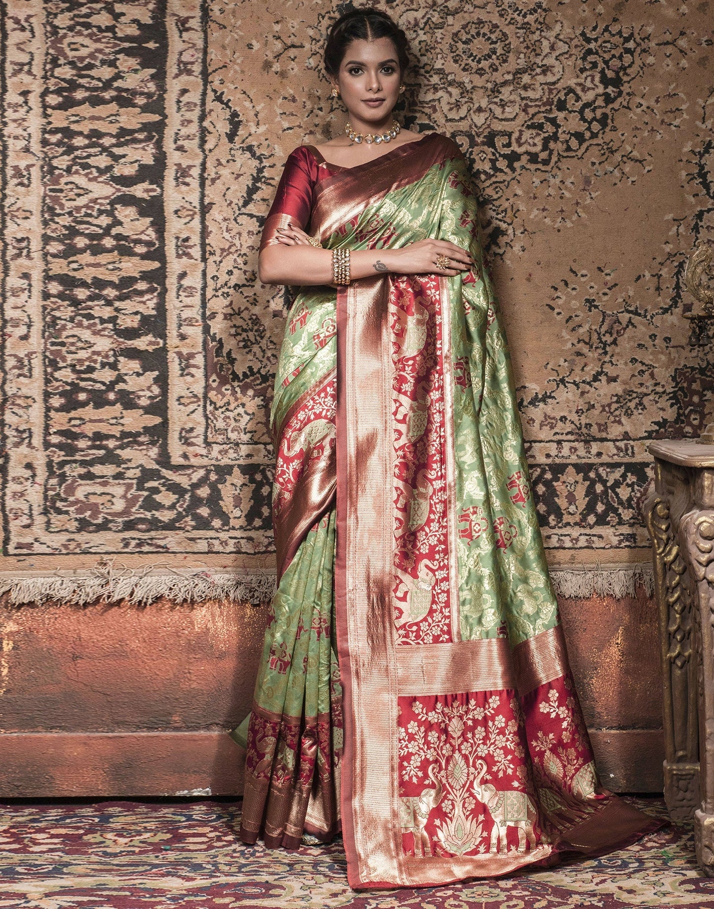 Dusty Green Weaving Silk Banarasi Saree