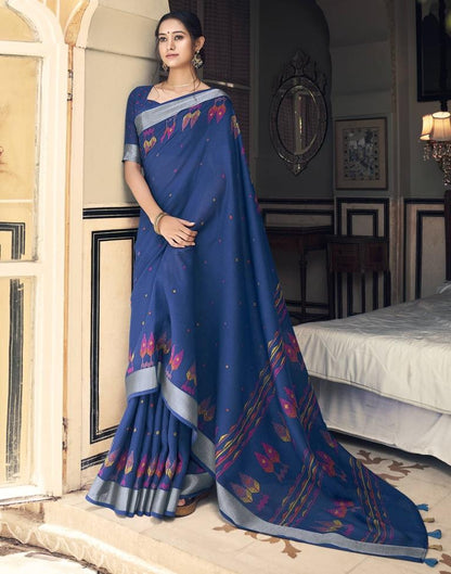 Blue Cotton Printed Saree