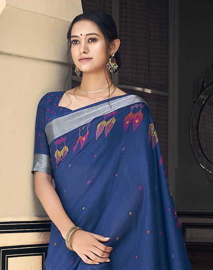 Blue Cotton Printed Saree