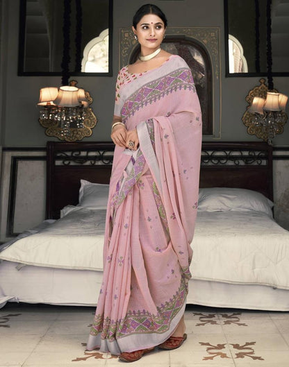 Light Pink Cotton Printed Saree