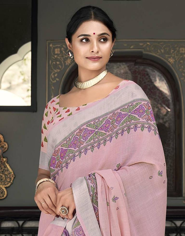 Light Pink Cotton Printed Saree