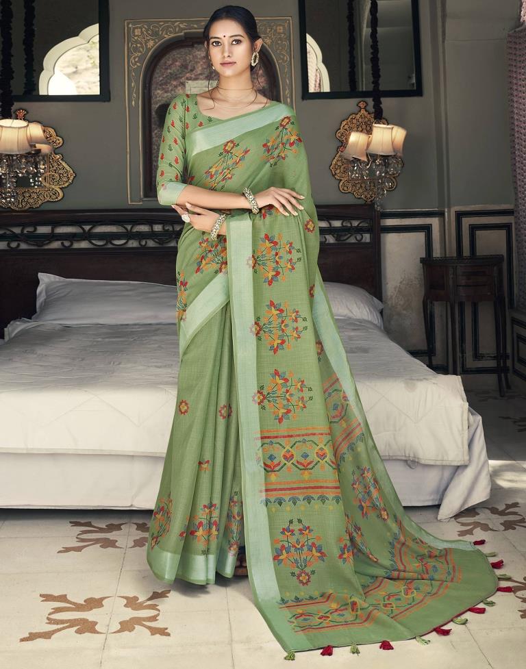 Green Cotton Printed Saree
