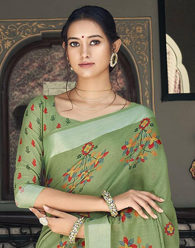 Green Cotton Printed Saree