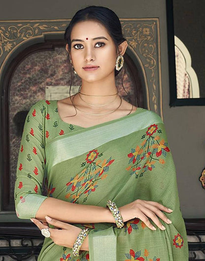 Green Cotton Printed Saree