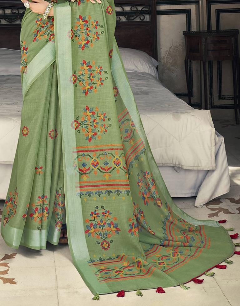 Green Cotton Printed Saree