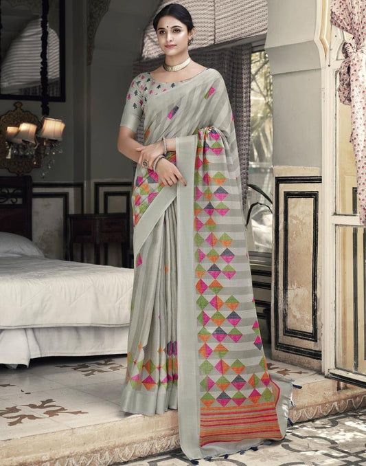 Beige Cotton Printed Saree