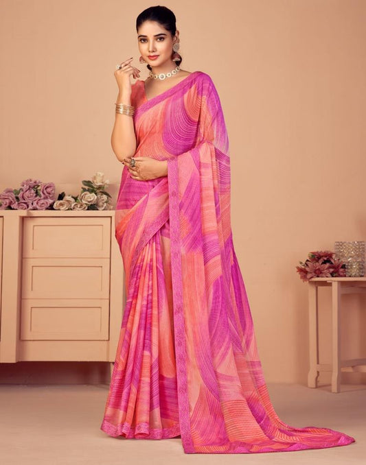 Pink Chiffon Printed Saree