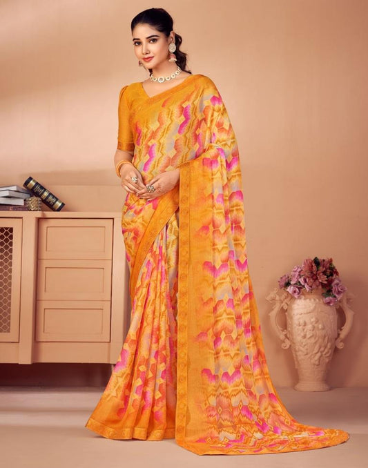 Turmeric Yellow Chiffon Printed Saree