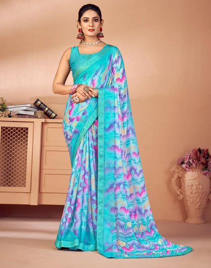 Sky Blue Chiffon Printed Saree