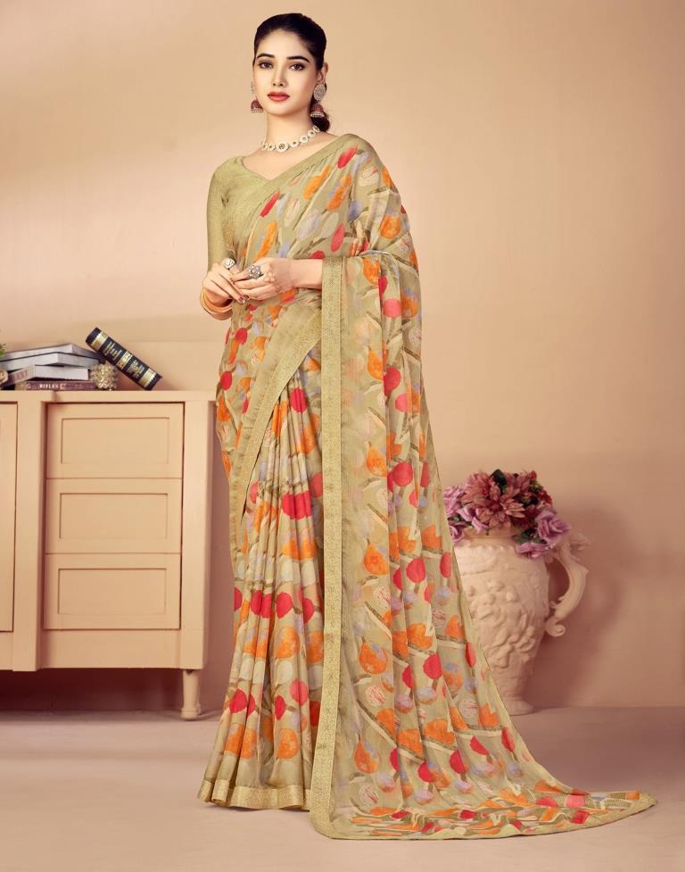 Beige Chiffon Printed Saree