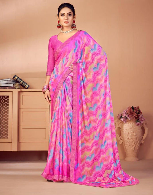 Pink Chiffon Printed Saree