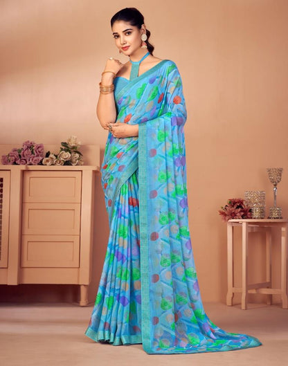 Sky Blue Chiffon Printed Saree