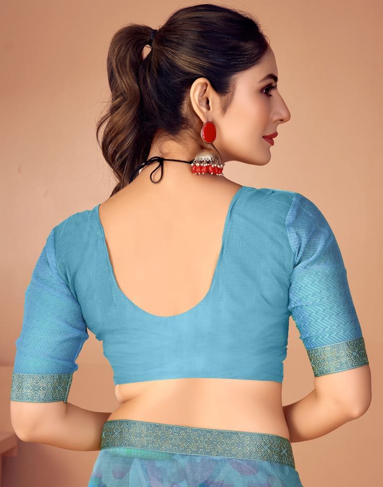 Sky Blue Chiffon Printed Saree
