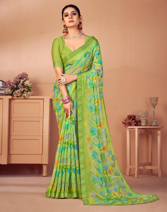 Parrot Green Chiffon Printed Saree