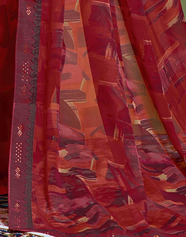 Red Chiffon Printed Saree