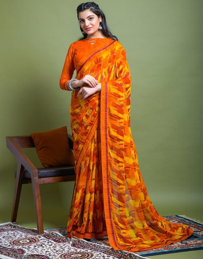 Orange Chiffon Printed Saree