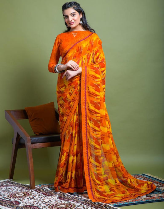 Orange Chiffon Printed Saree