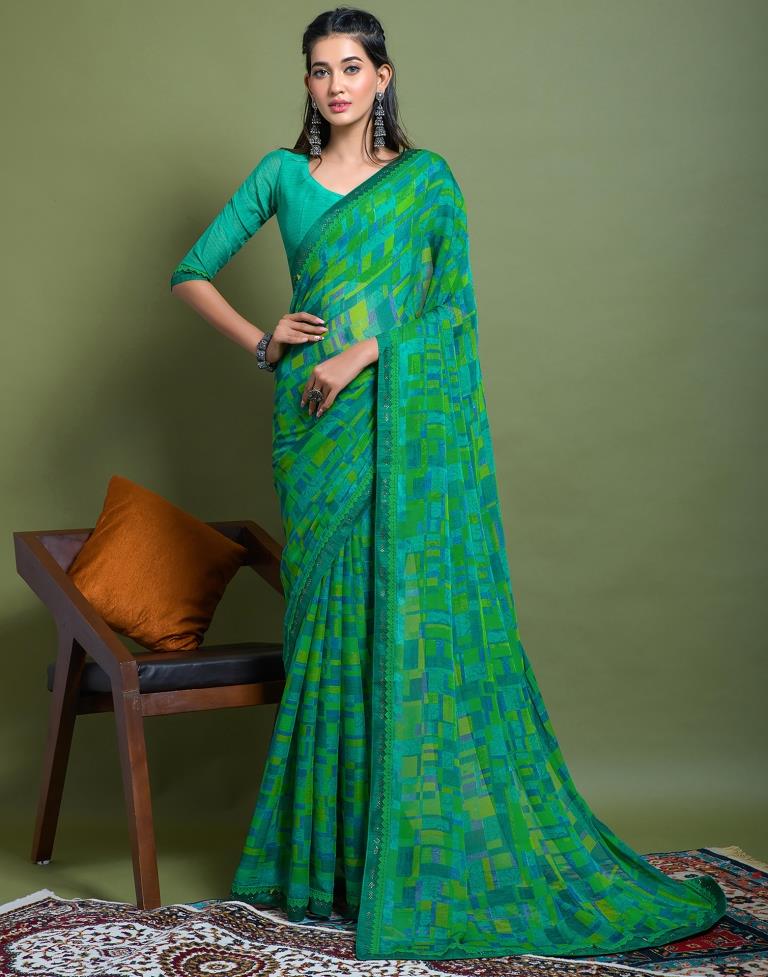 Parrot Green Chiffon Printed Saree