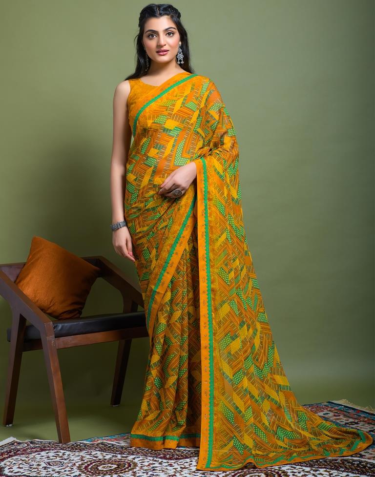 Turmeric Yellow Chiffon Printed Saree